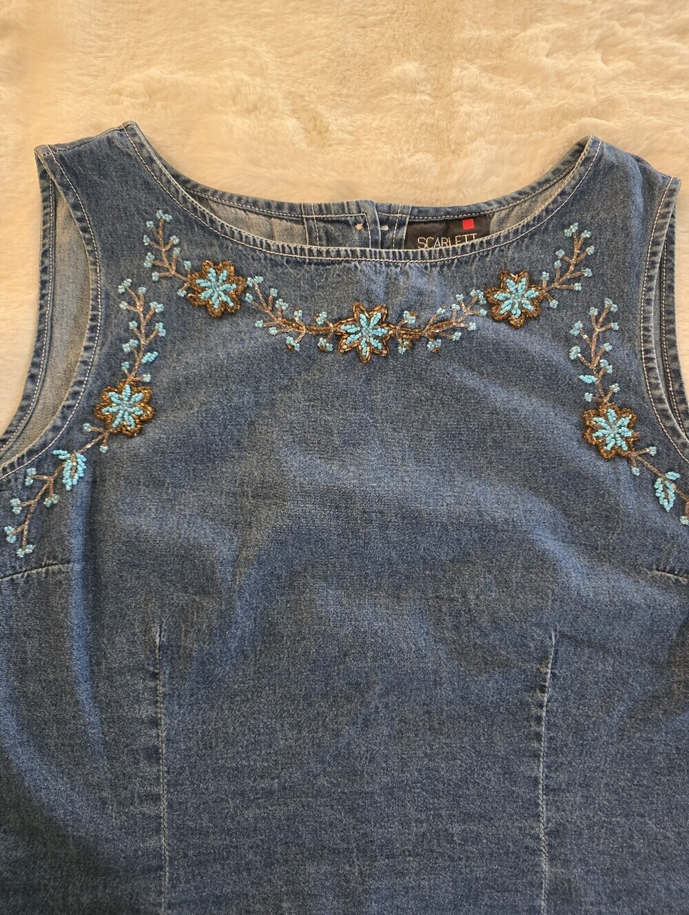 Vintage Scarlett Denim Sleeveless Top With Beaded Turquoise Floral Accents - Picture 2 of 8